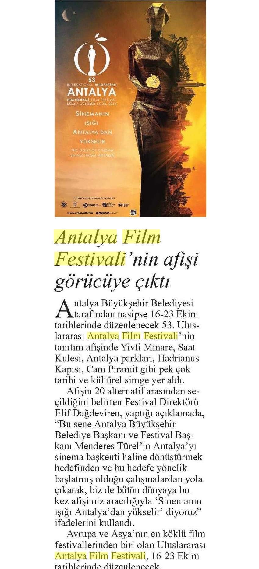 Diriliş Postası: "Antalya Film Festivali Afişi Görücüye Çıktı"